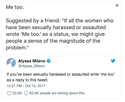 Alyssa Milano's tweet, Oct. 15, 2017: "If you've been sexually harassed or assaulted write 'me too' as a reply to this tweet." 