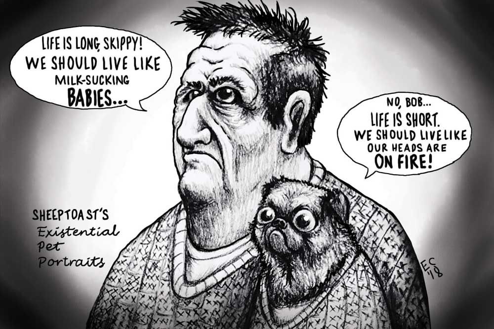 Sheeptoast editorial cartoon: Existential pet portraits