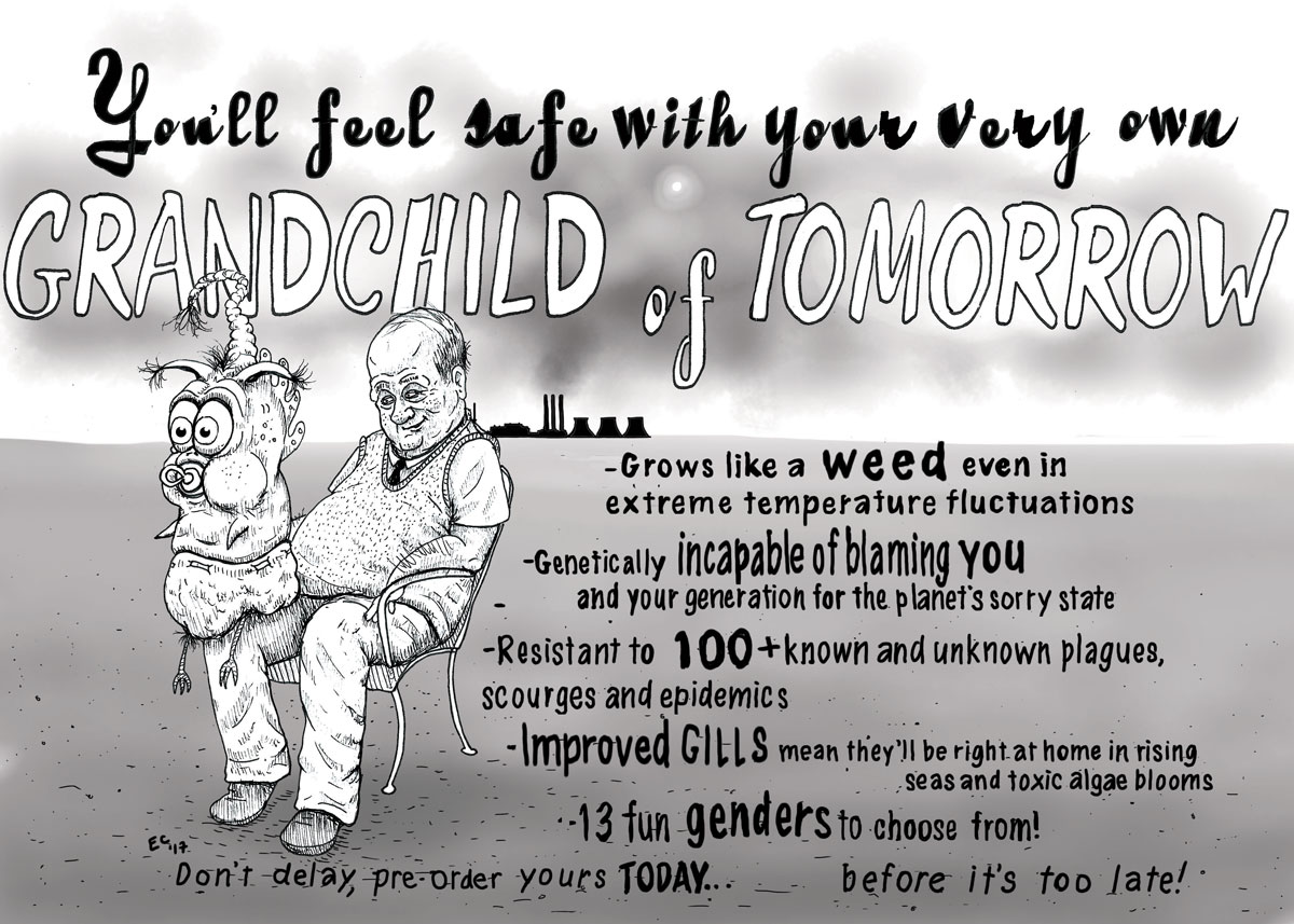 Sheeptoast editorial cartoon: Grandchild of Tomorrow