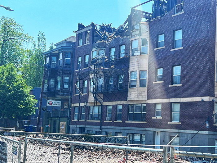 A burned image of the May Apartment Building