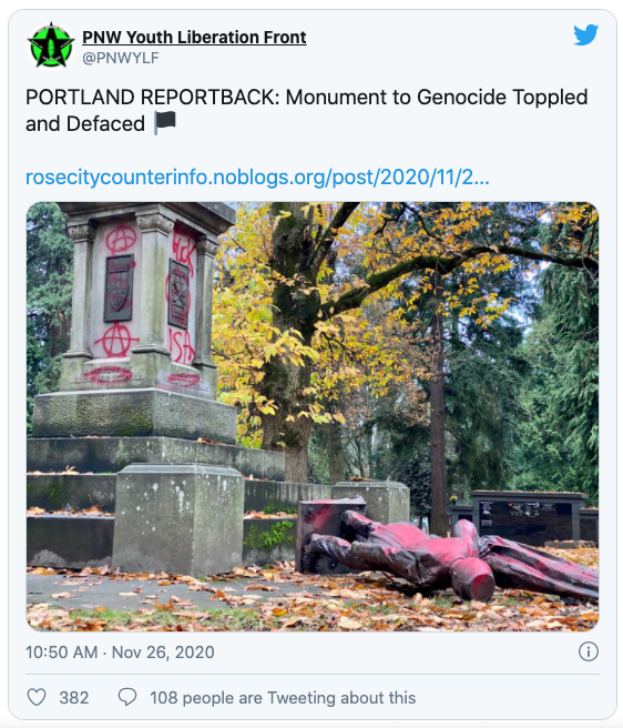 PNW Youth Liberation Front (@PNWYLF) tweets: PORTLAND REPORTBACK: Monument to Genocide Toppled and Defaced (with a photo)