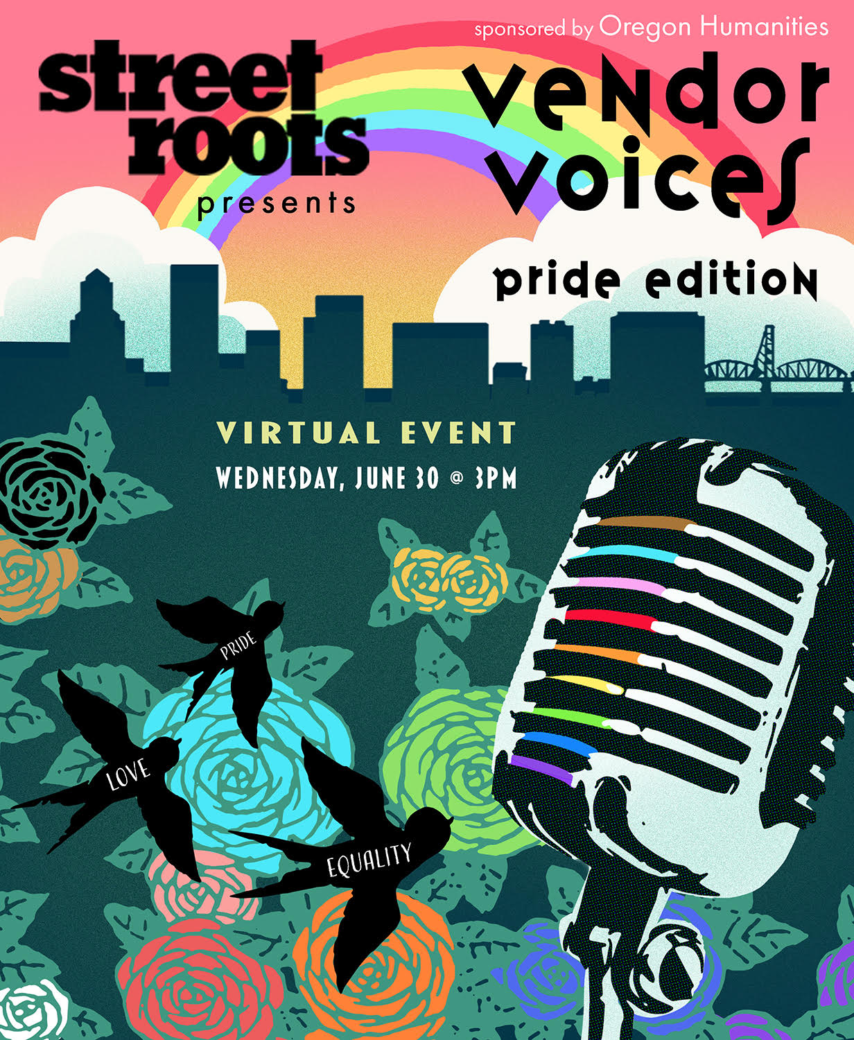 Image of various birds and microphones with a rainbow background