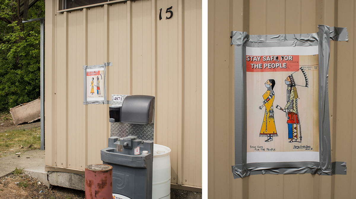 A photo of a sink outside a restroom next to a photo of a sign posted at the restroom that says: Stay Safe for the People