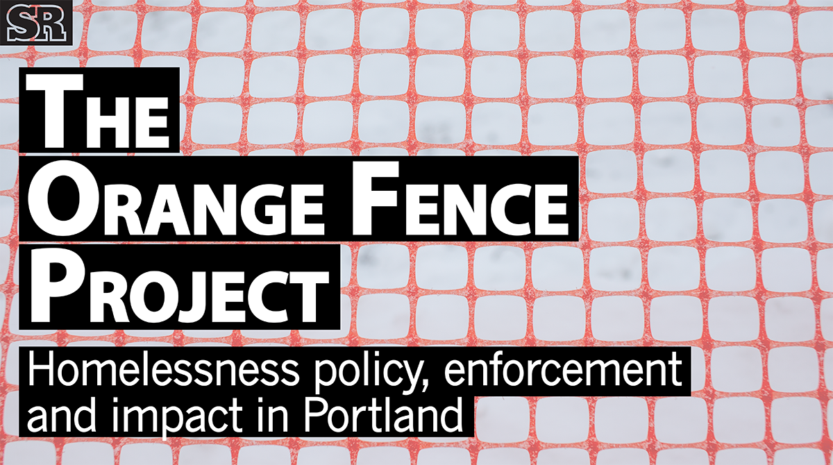 In the background is an image of an orange fence and text in the foreground reads, "The Orange Fence Project" and below that, "Homelessness policy, enforcement, and impact in Portland.