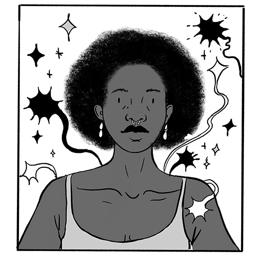 An illustrated self-portrait of Arantza Peña Popo. They are wearing a tank top and earrings with a serious expression on their face.
