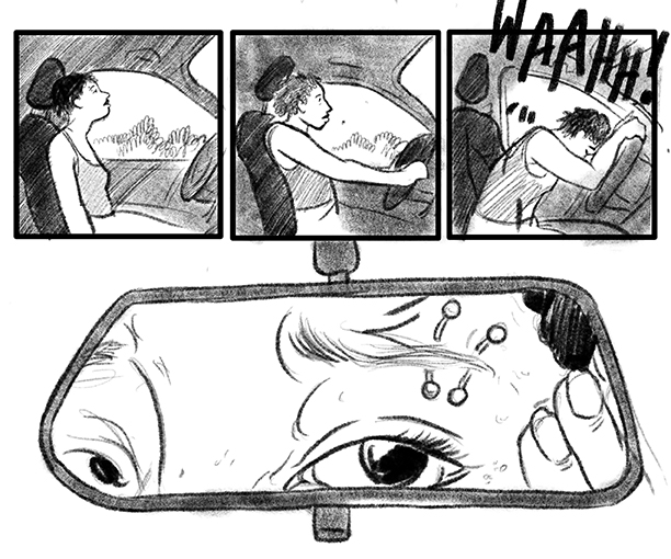 A black and white comic showing a person in their car. The first three panels show someone sitting in the driver's seat of a car growing increasingly frustrated. In the final panel their eyes are looking in the rearview mirror.