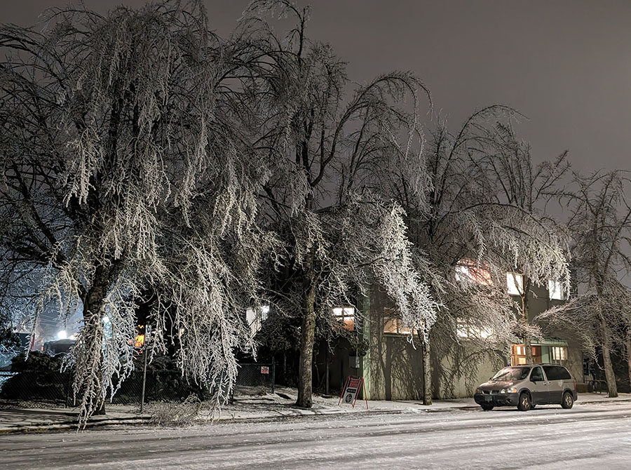 An icy, snowy scene of a street. A car is parked next to the sidewalk and a tree is covered in snow.