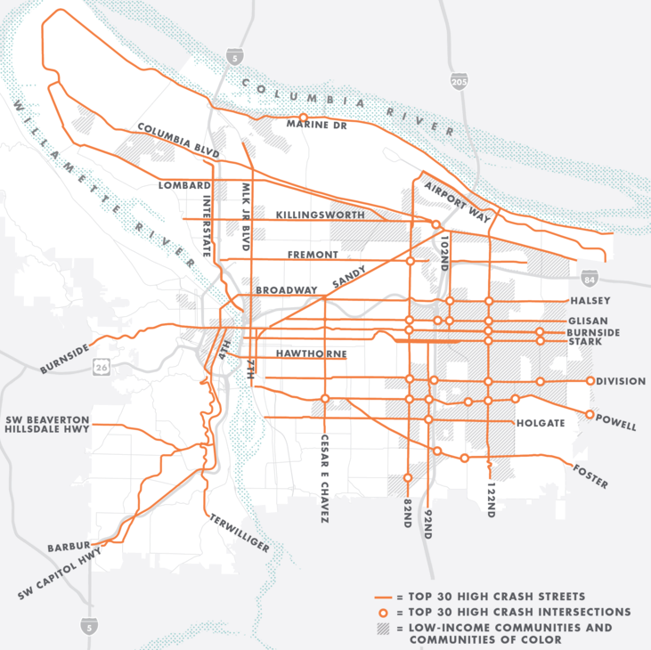 A map shows the 30 deadliest street and intersections in Portland. The key uses a circle to indicate the top 30 high crash intersections and the gray striped areas indicate low income communities and communities of color.