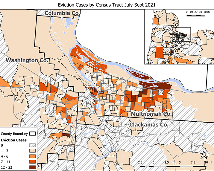 A map shows eviction cases by census tract July 2021 - September 2021.