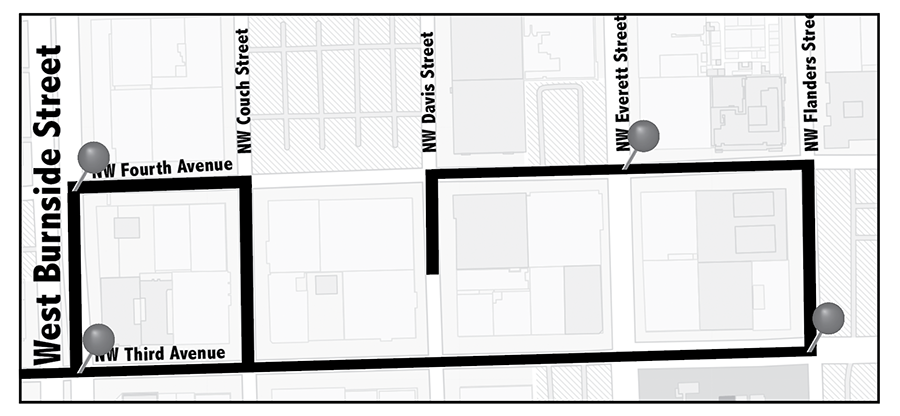 A map shows a portion of a parade route that that went down third ave from Burnside to Flanders.