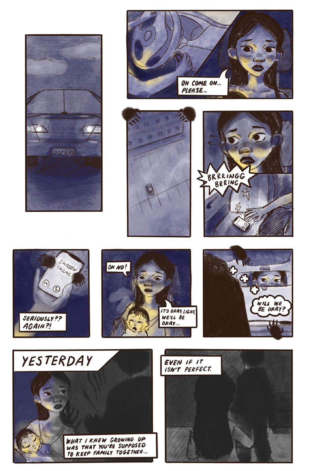 An excerpt from Marin's comic, "Toward Light," for the PSU collaborative comics projects shows the main character in her car and checking her phone. 