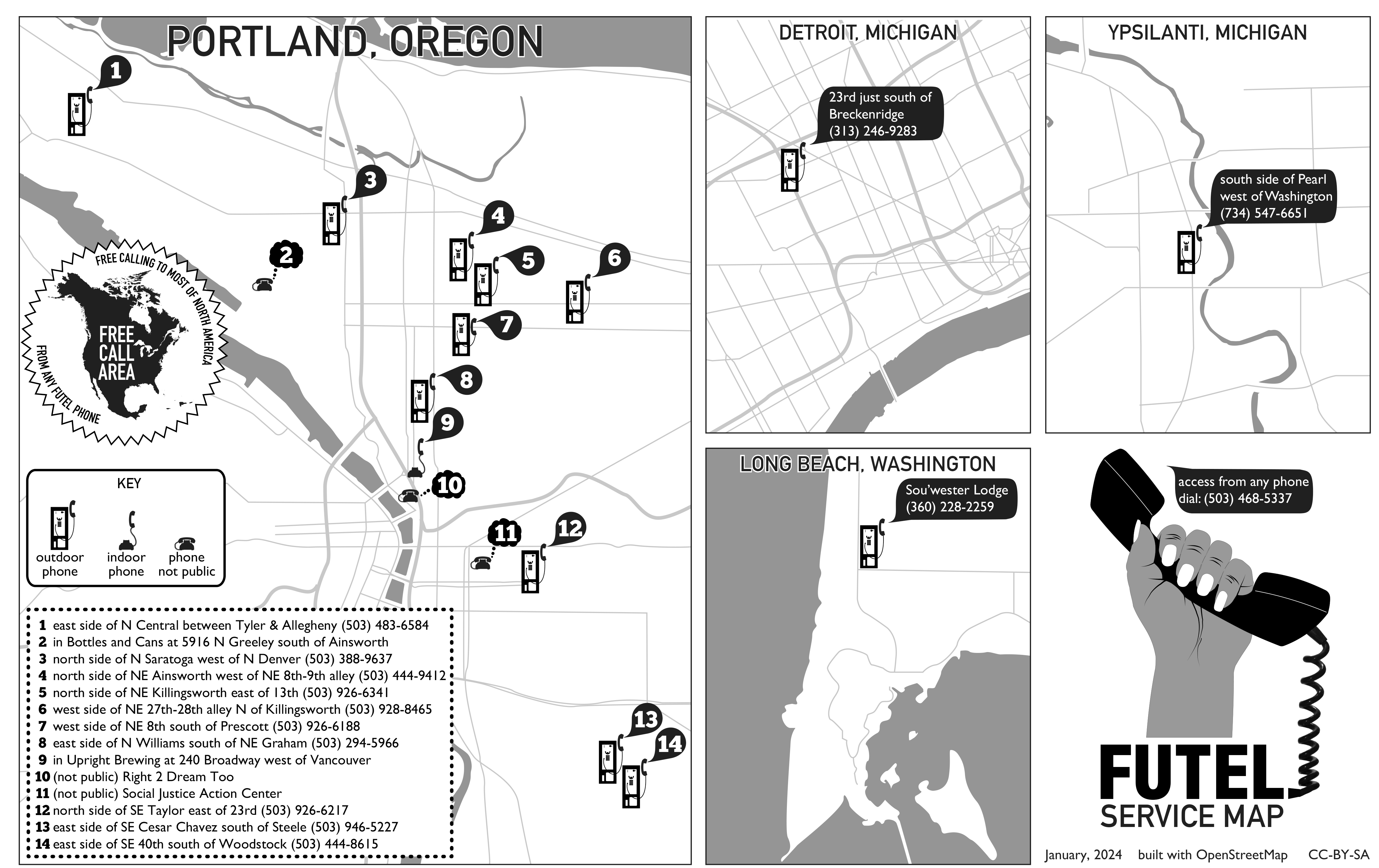 A map shows the locations of Futel's free phones in Portland