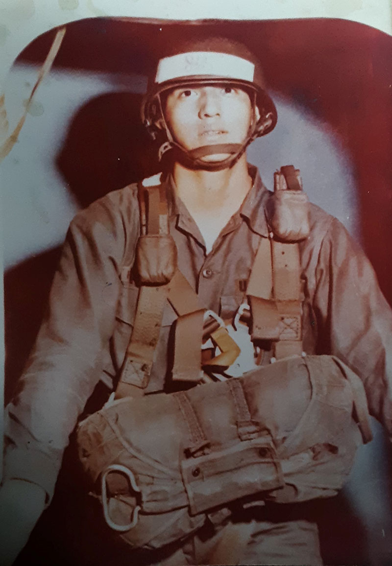 A young Phyll Mendacino in Army fatigues