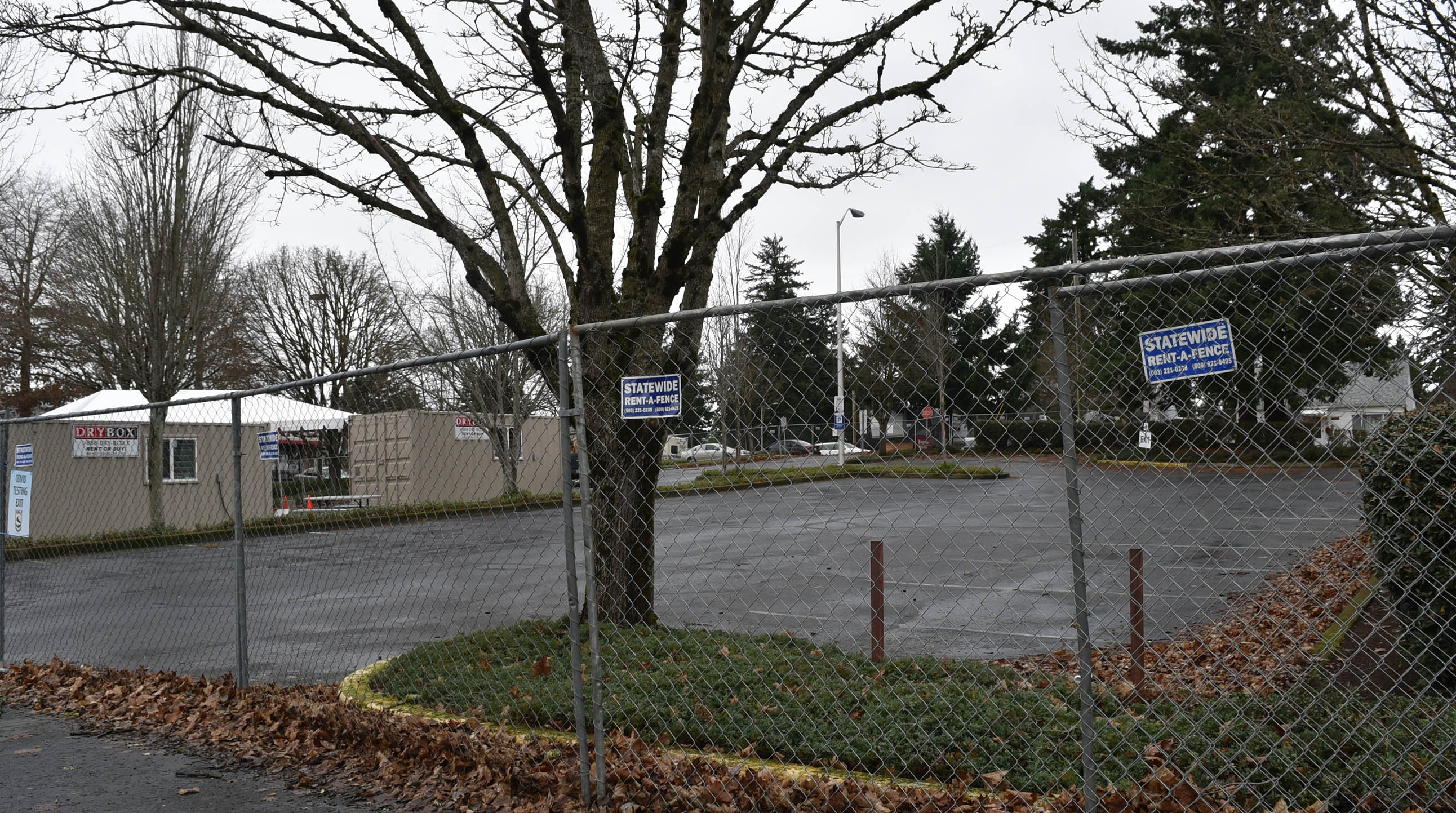Photo of a fenced off lot with a large tree.