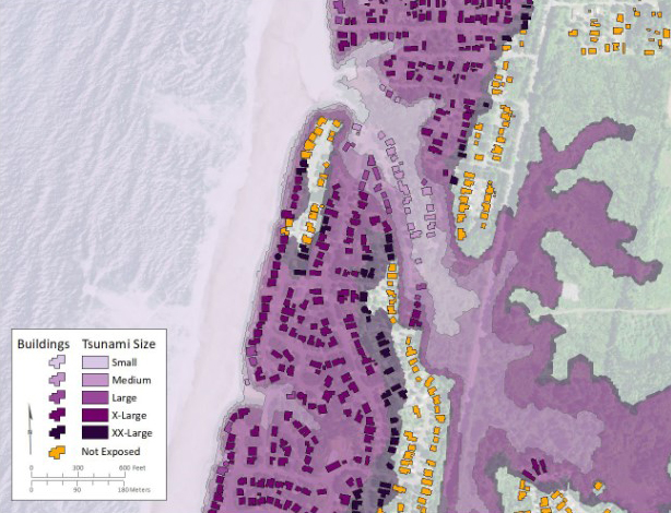 Map shows flooding scenarios in Salishan-Lincoln Beach, Oregon, in the event of a tsunami.