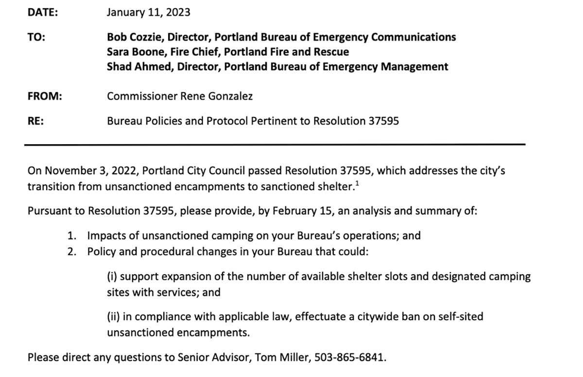 A screenshot of a memo sent by Commissioner Rene Gonzalez to Portland Bureau of Emergency Communications director Bob Cozzie, then-fire chief Sara Boone and Portland Bureau of Emergency Management director Shad Ahmed.