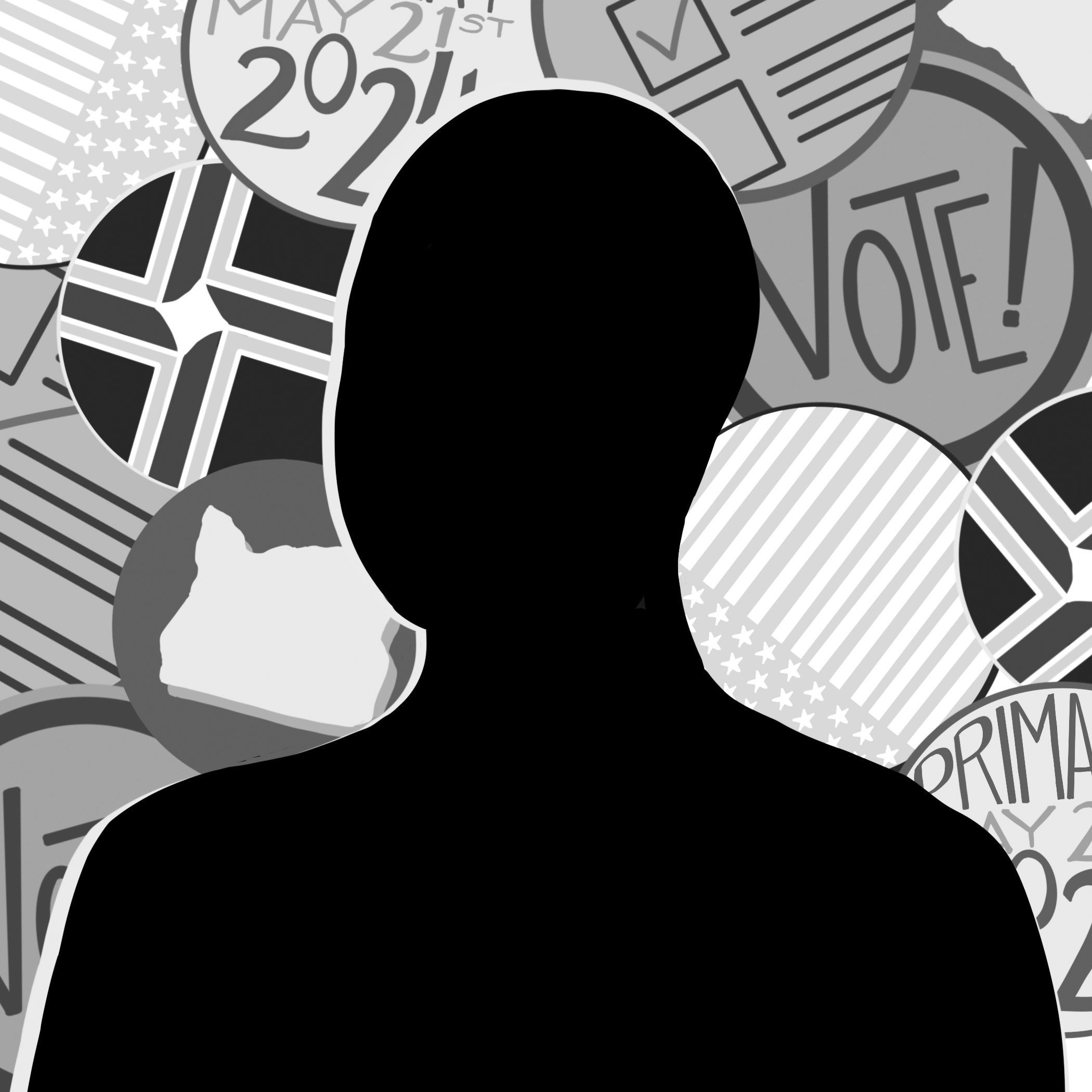 Silhouette of a figure on a background of voting themed buttons.