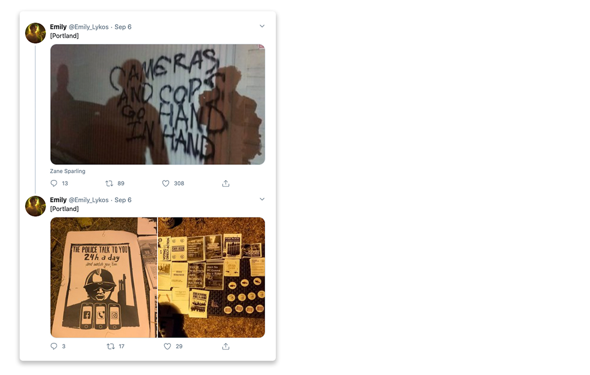 @Emily_Lykos tweet: Photo labeled "Portland," showing graffiti that reads "Cameras and cops go hand in hand"