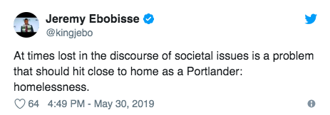 Jeremy Ebobisse tweet: At times lost in the discourse of societal issues is a problem that should hit close to home as a Portlander: homelessness.
