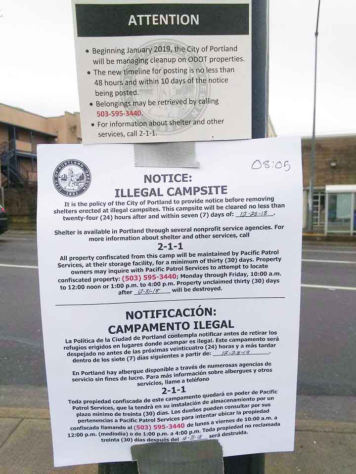 City of Portland's notice of a homeless camp sweep