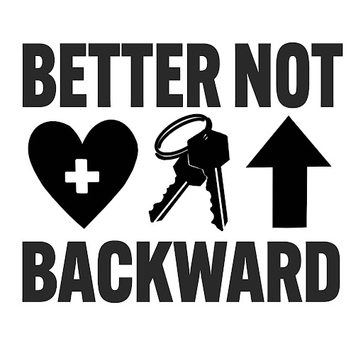 Image with a cross inside a heart, housekeeps and an upward arrow, along with the text, "better not backward"