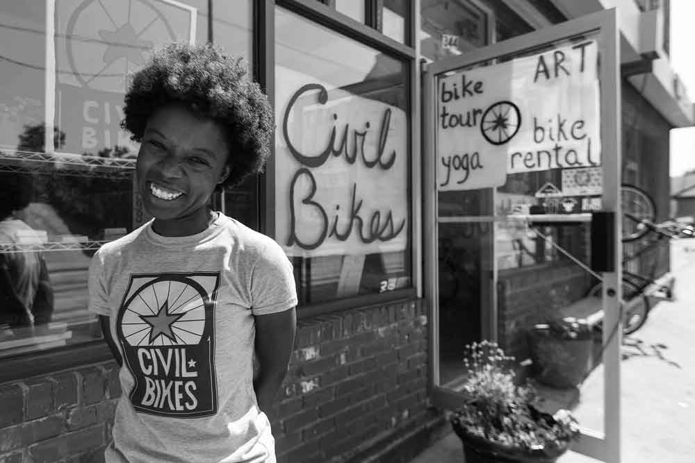 Nedra Deadwyler owns Civil Bikes on Auburn Avenue in Atlanta. Deadwyler says rebuilding the community requires making urban spaces more people-friendly and less automobile-centric.
