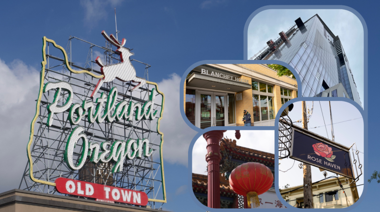 A collage of photos shows the Portland White Stag sign, the outside of Blanchet House, the outdoor sign at Rose Haven, a lantern hanging on a lamp post in Chinatown and the in-progress Ritz Carlton building.