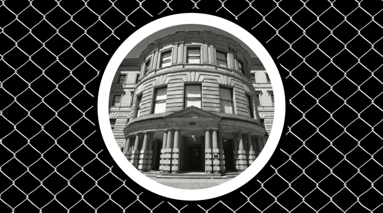 The background is a wire fence. Above that is a large white circle with large. Inside a smaller circle is a picture of Portland City Hall.