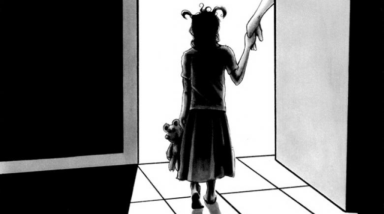 A foster child holds someone's hands as she stands in a doorway