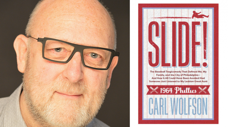Carl Wolfson and the cover of his book, "Slide!"