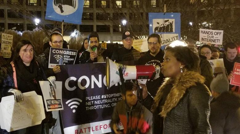 Mignon Clyburn leads a protest against ending net neutrality