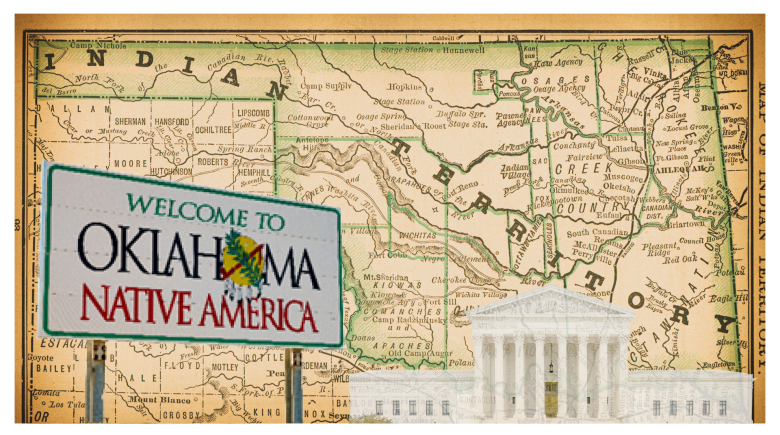 A collage of images. In the background is a map titled, "Indian Territory" in brown and green. Layered atop it is a sign that says, "Welcome to Oklahoma Native America" and to the right of the sign is a cutout of the United States Supreme Court Building.