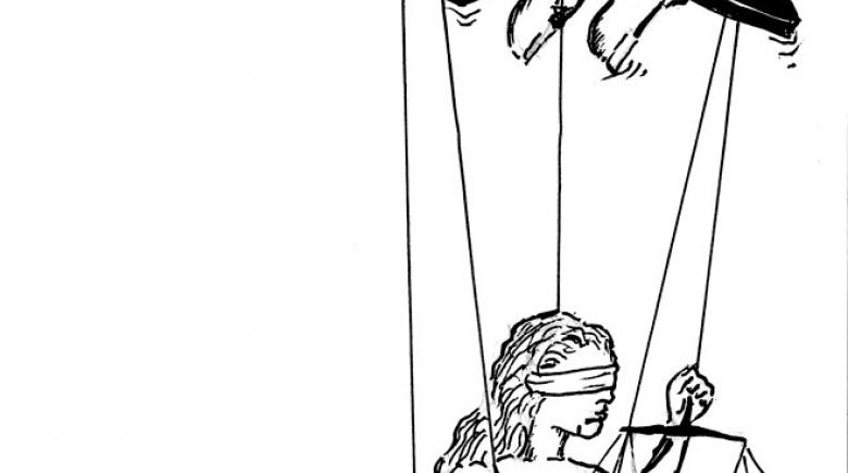 Illustration: Hand of a D.A. controls a puppet of the justice system