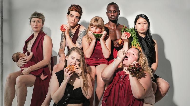 Portrait of people with different body types, eating different foods