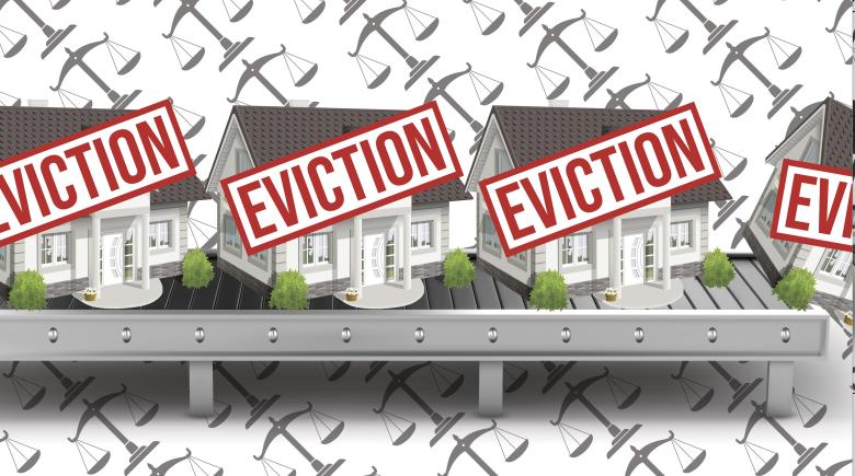 An illustration of a conveyor belt with houses falling off the conveyor belt. Each house has a label that says, "eviction" on it. In the background are a pattern of scales filling the space.