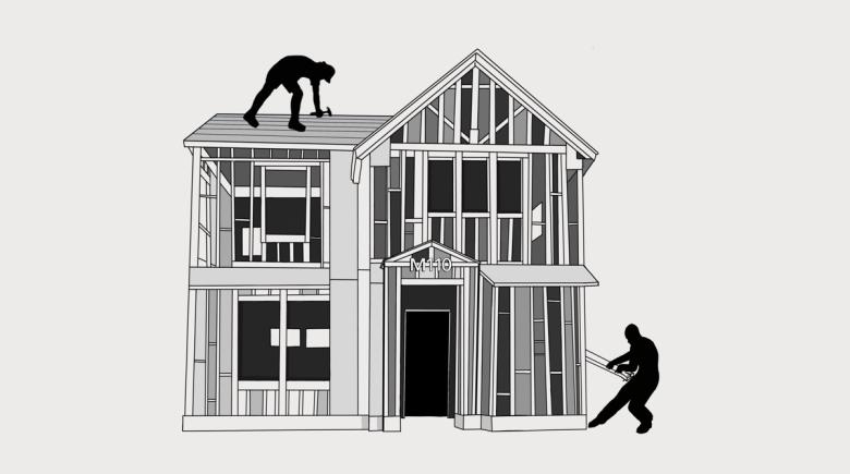 An illustration of a house where one figure is building the roof, while another figure is destroying the house and pulling a piece of wood out of the structure.