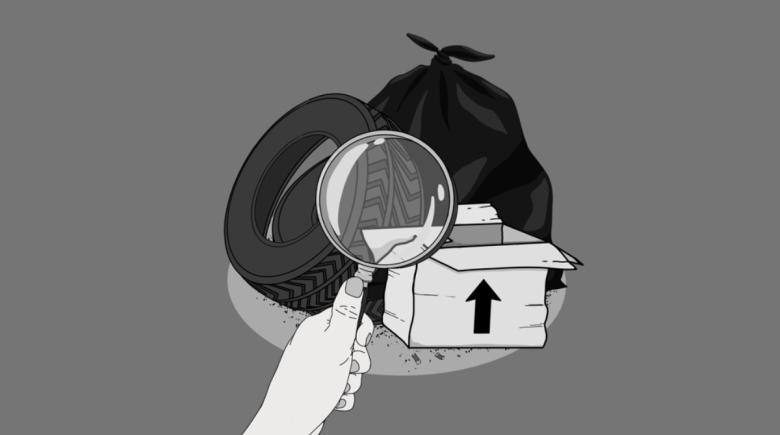 an illustration of a trash bag, cardboard box and tire under the observation of a magnifying glass.