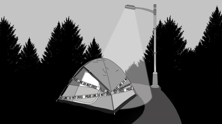 A tent beneath a streetlamp with trees in the background. The tent is covered in tape that says "police line. do not cross."