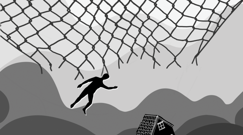  illustration of a figure falling through a net with a house below