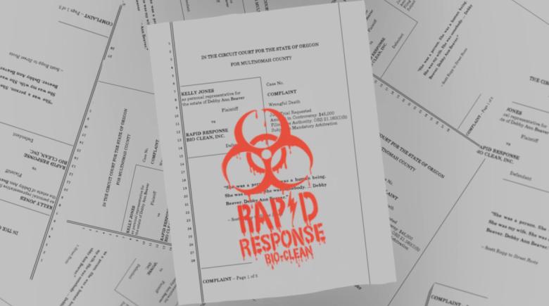 Legal documents layered atop each other. Text above the documents says,"Rapid Response Bio-Clean" is below a dripping biohazard symbol.