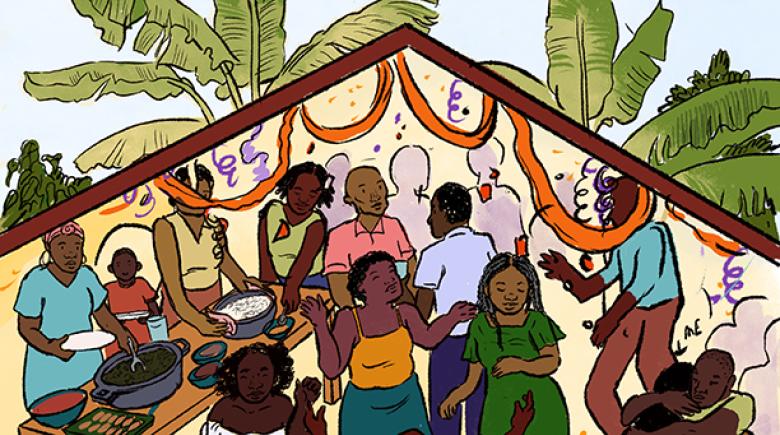 A colorful image from Arantza Pena Popo's comic showing a family dancing with palm trees in the background and they're at a party.