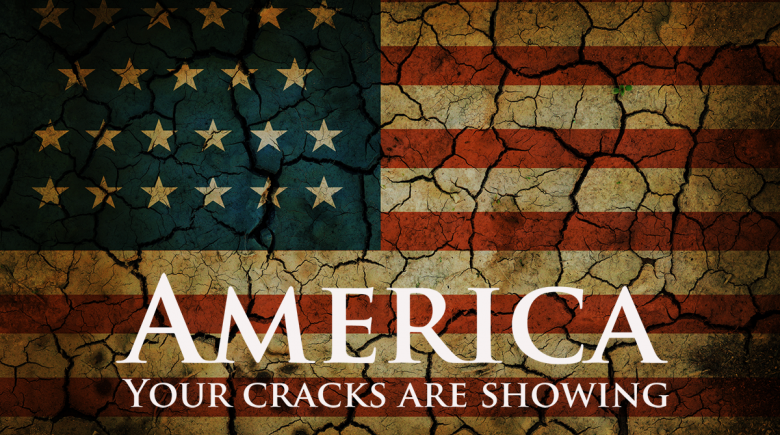 Illustration of an American flag with cracks in it. Text reads: America, your cracks are showing.