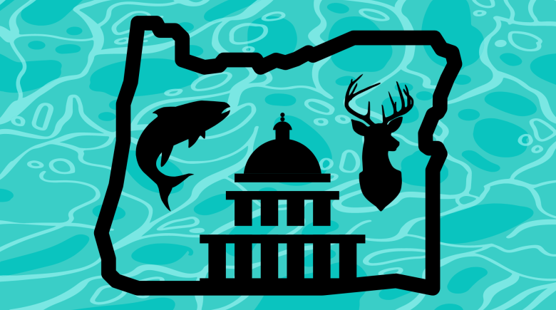 A silhouette of the U.S. Capitol is in the center of an outline of the state of Oregon. There is also a fish silhouette and an elk head silhouette. In the background is a blobby blue pattern depicting water.