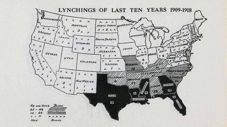 1909-18 NAACP map shows the occurrences of lynchings in U.S. states