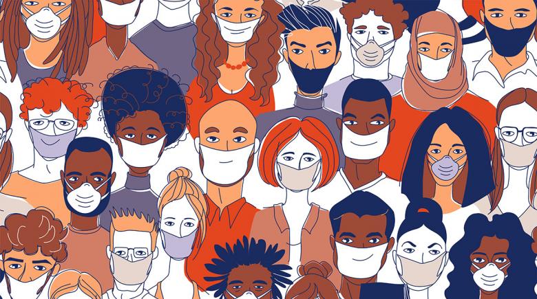 Illustration of a diverse group of people wearing face masks