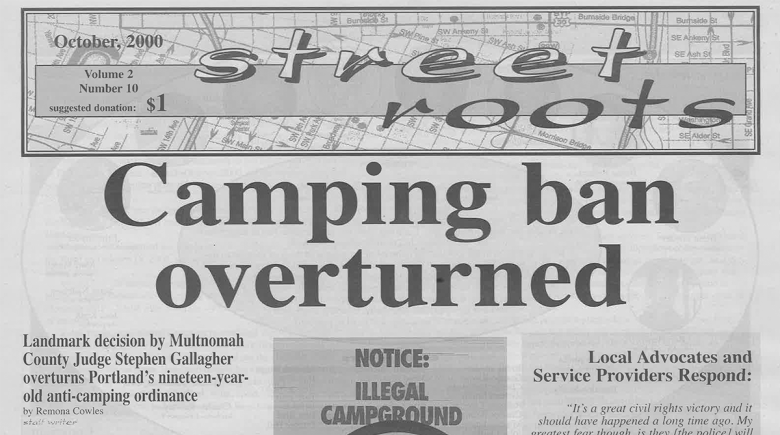 A cover page of an October 2000 issue of Street Roots. Large text says, |Camping ban overturned."
