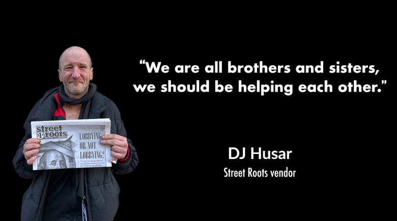 A cutout image of DJ Husar holding a newspaper. A quote next to him says, "We are all brothers and sisters, we should be helping each other."