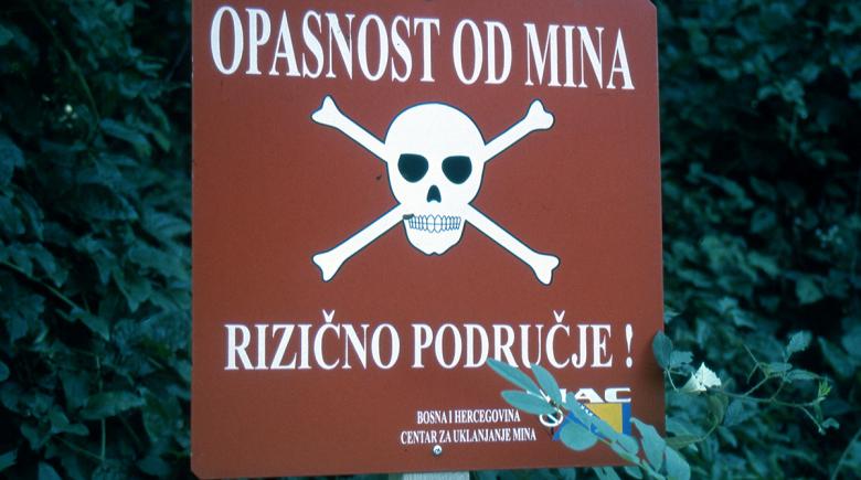 A photo of a sign with a skull and crossbones warning people about landmines.