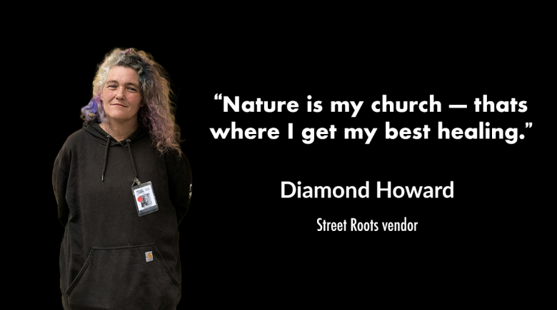 A photo of vendor Diamond Howard. She is smiling and wearing a black sweatshirt. A quote by her reads, "Nature is my church — it's where I do my best healing."