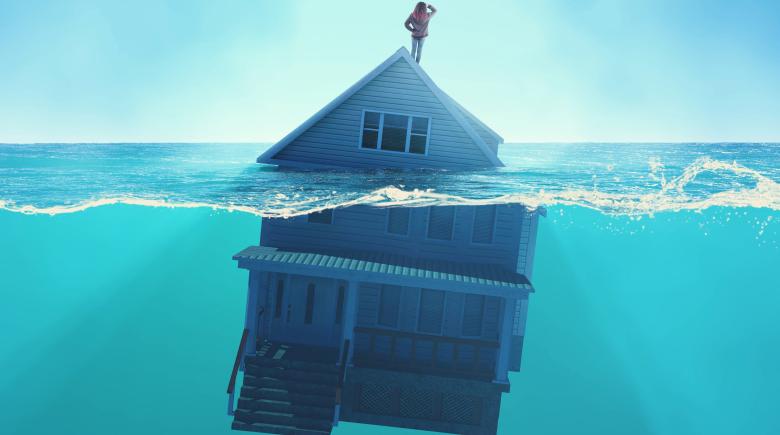 An illustrations shows a house half sunken or drowning in an ocean with a woman standing atop the roof that is still above water.